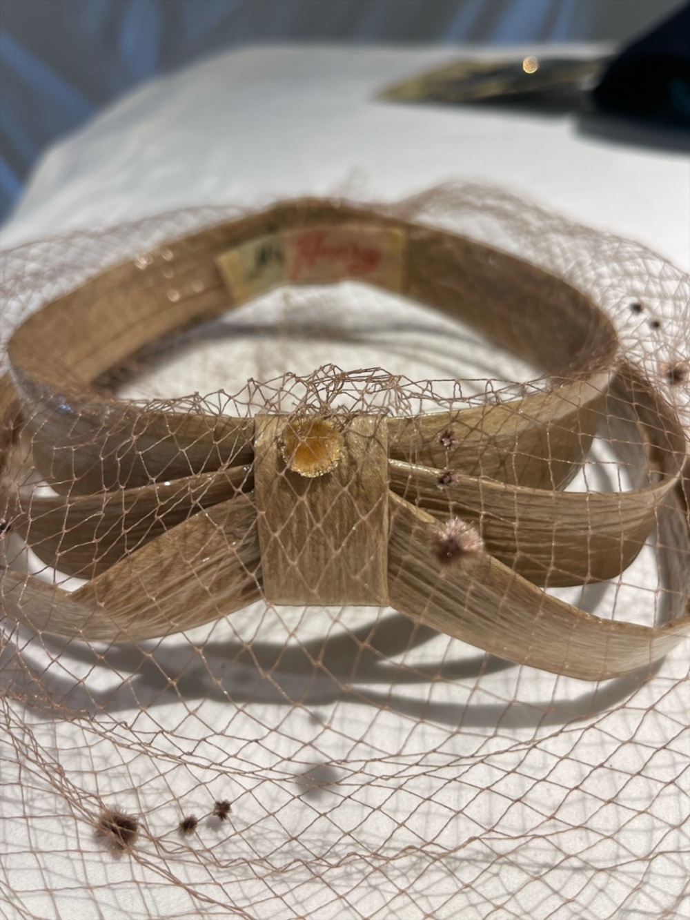 Vintage  Beige Straw Fascinator Headband with Veil